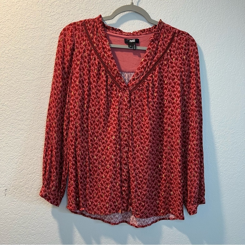 Women’s Paige red patterned gold metallic detail long sleeve blouse size XS
